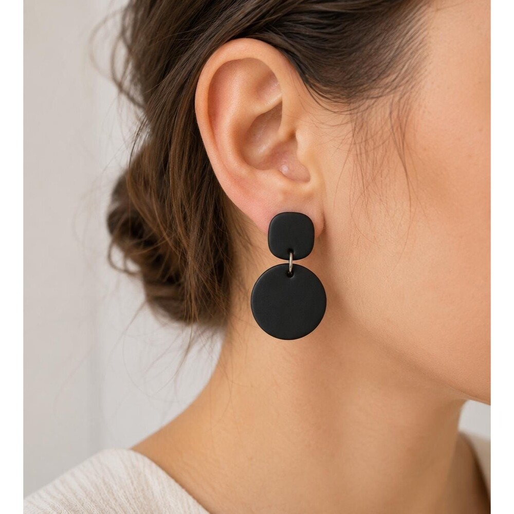 Black Polymer Clay Earrings, Minimalist Geometric Dangle Gift for Her